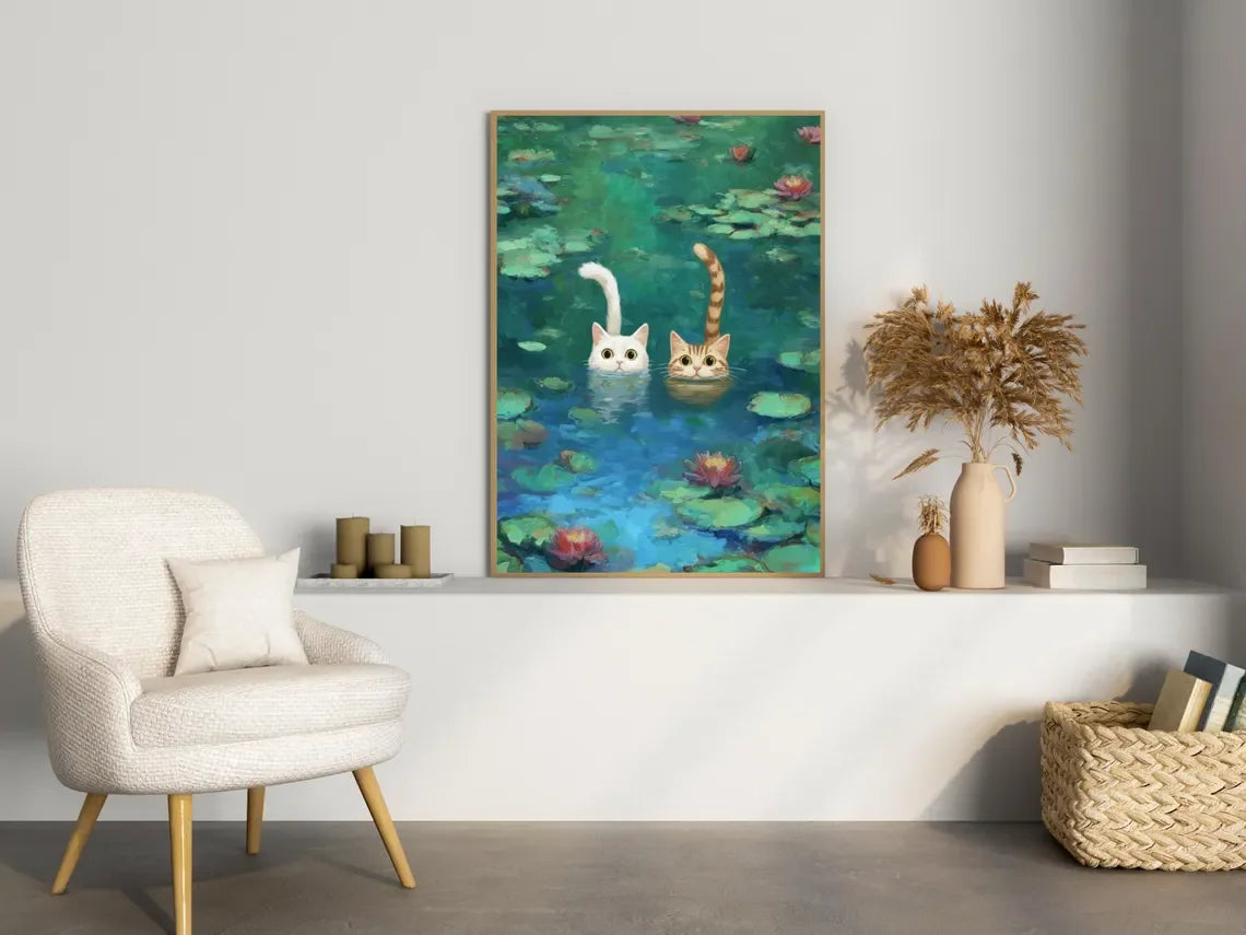 Cats Swimming Monet Parody Art Print