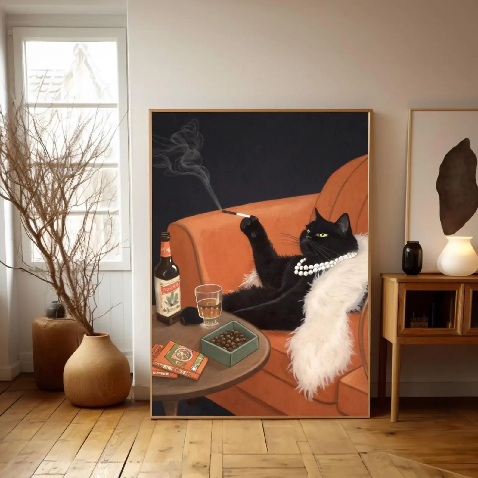 Vintage Black Cat Smoking Art Print