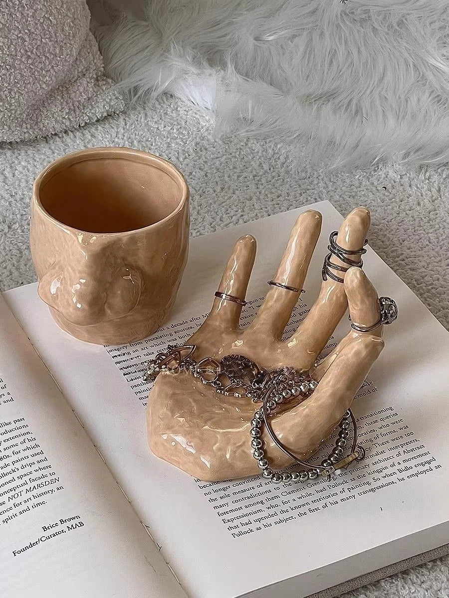 Hand Ring Ceramic Mug and Tray Set
