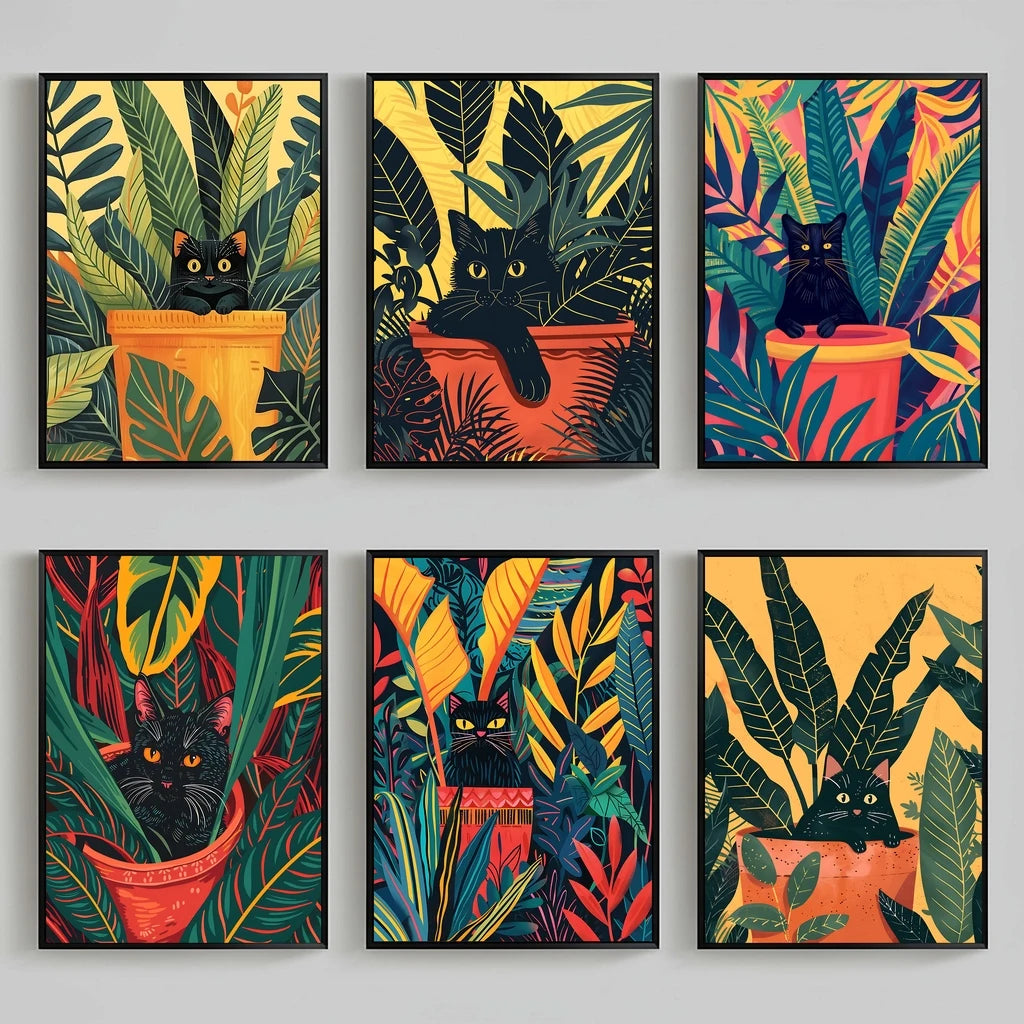 Black Cat in Plant Pot Art Print