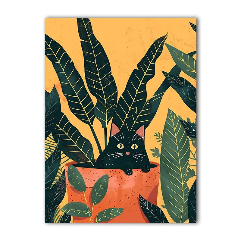 Black Cat in Plant Pot Art Print