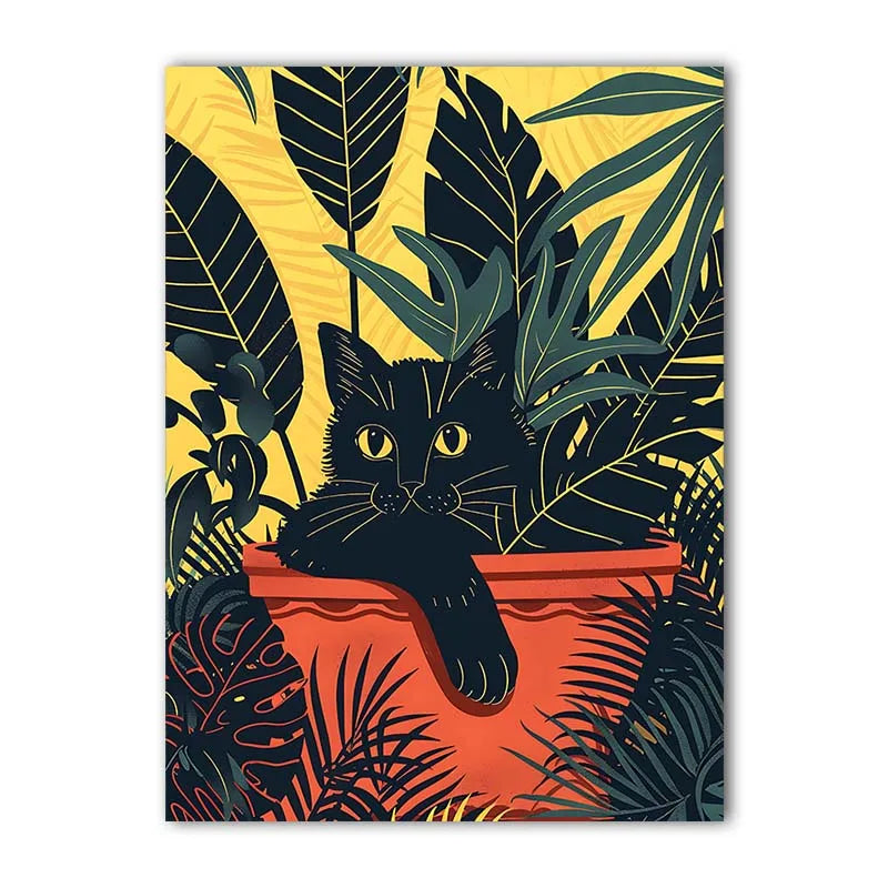 Black Cat in Plant Pot Art Print