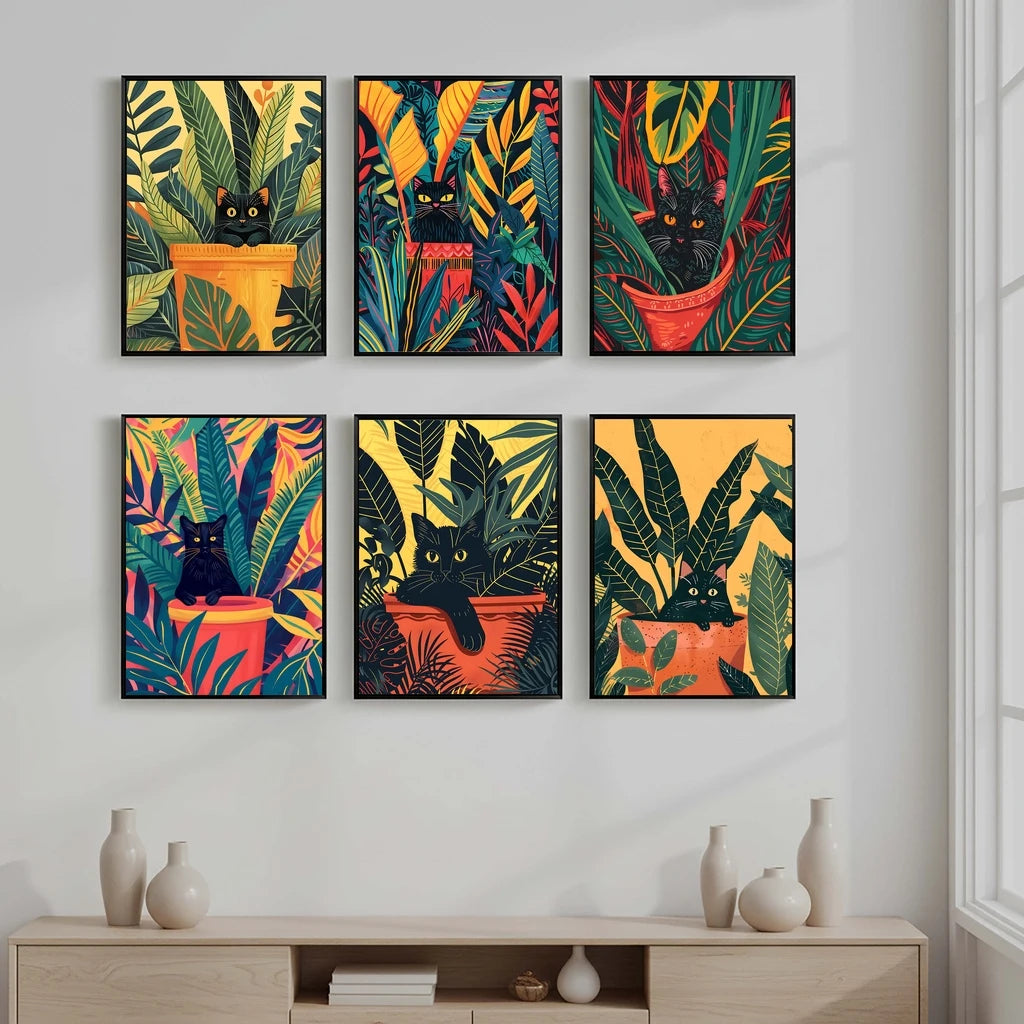 Black Cat in Plant Pot Art Print