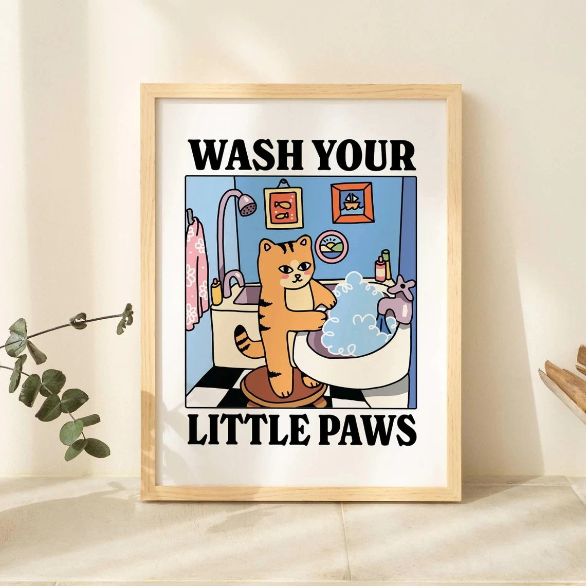 Wash Your Paws Cat Bathroom Print