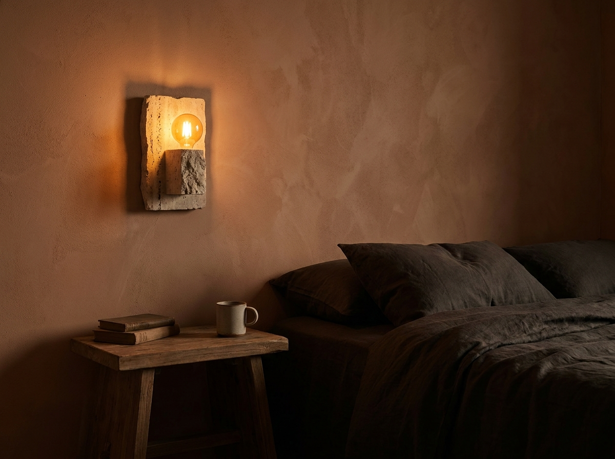 Travertine wall sconce glowing warm in a minimalist bedroom