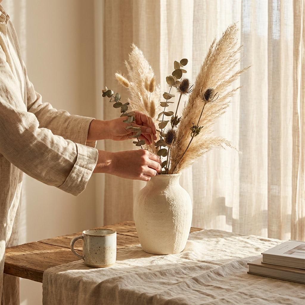 Hands arranging dried stems in a cream ceramic vase