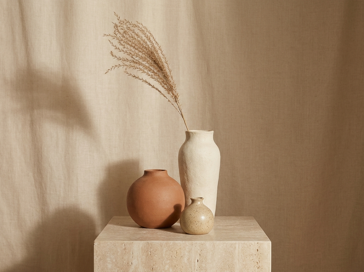 Handmade wabi-sabi ceramic vases on travertine plinth